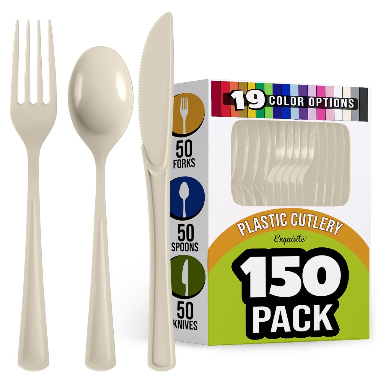 Exquisite Polished Plastic Silverware – 150 Pcs Heavy Duty Cutlery Set – 50 Each of Forks, Knives & Spoons – Disposable Utensil Set for Parties, Events & Catering – Flatware Set by Party Solids